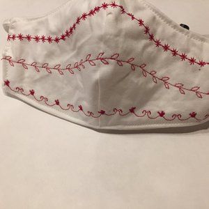 White pima cotton face mask with red embroidery